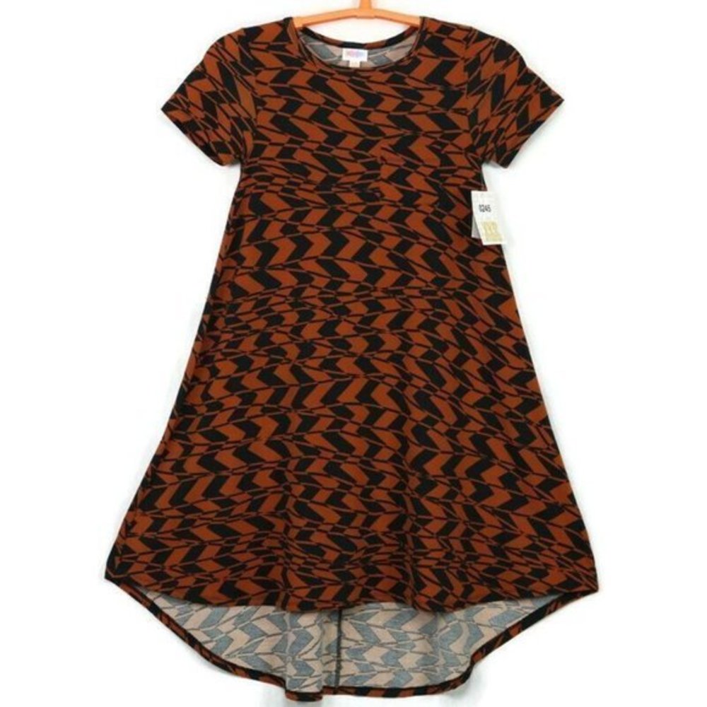 LuLaRoe Carly High Low Swing Dress Rust Orange Brown Black XXS